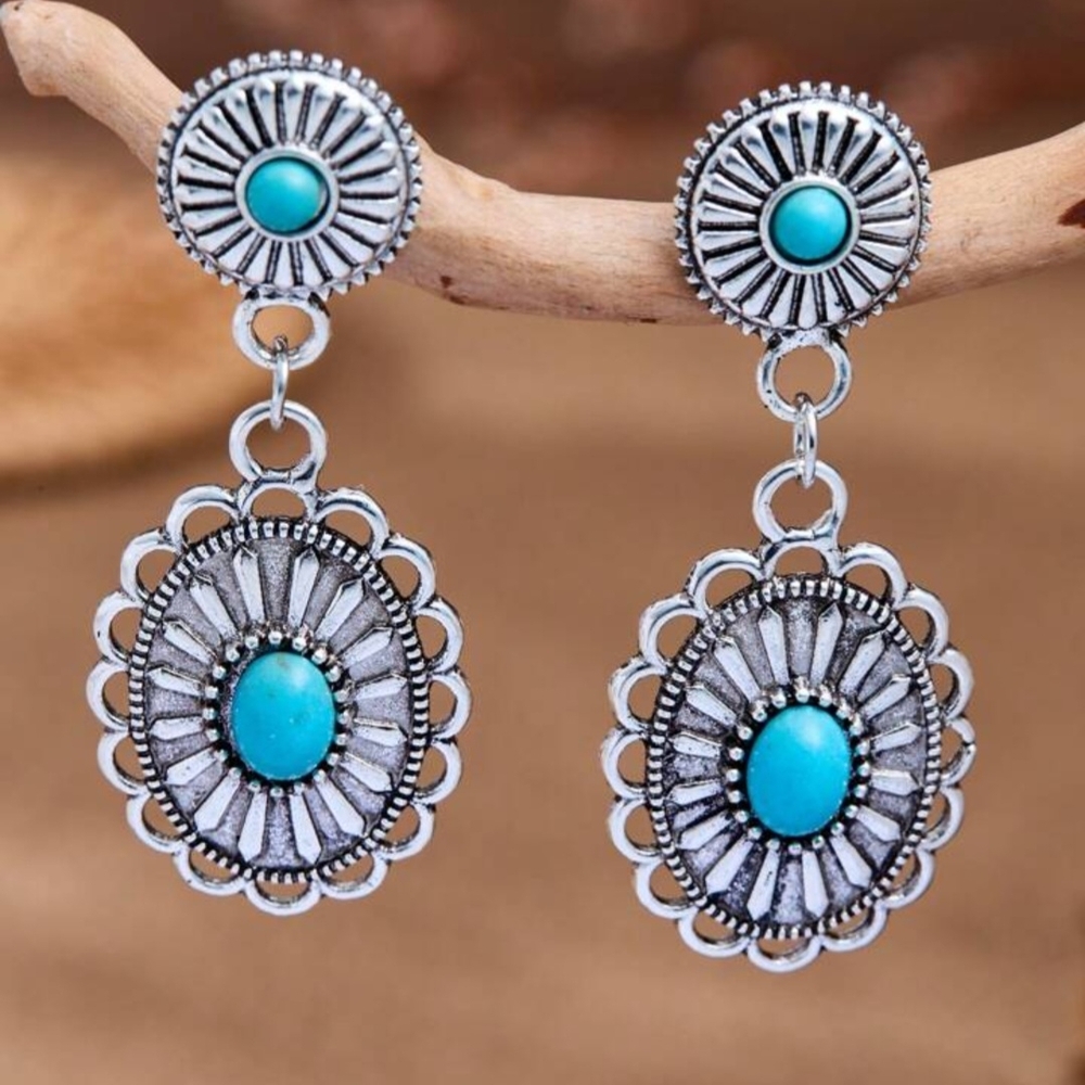 Silver Turquoise Concho Western Dangle Earrings - Picture 1 of 2